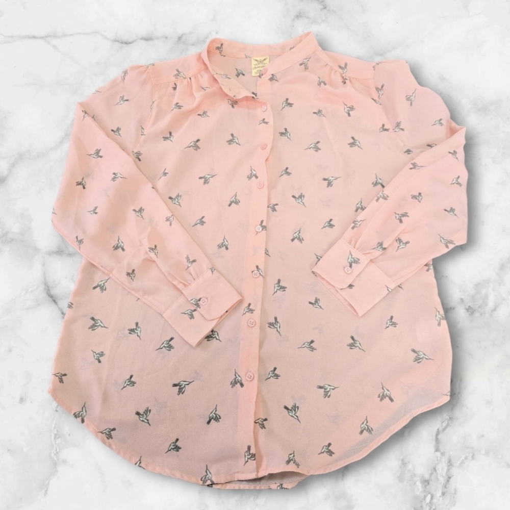 Faded Glory Pink Button Down Women's Shirt with Bird Pattern ( Size:small)